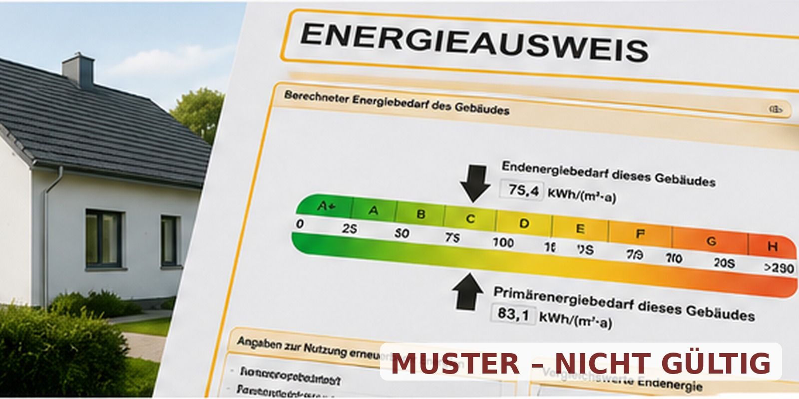 Muster-Energieausweis mit Effizienzskala von A+ bis H vor einem Einfamilienhaus – Energieausweis 2026 einfach erklärt