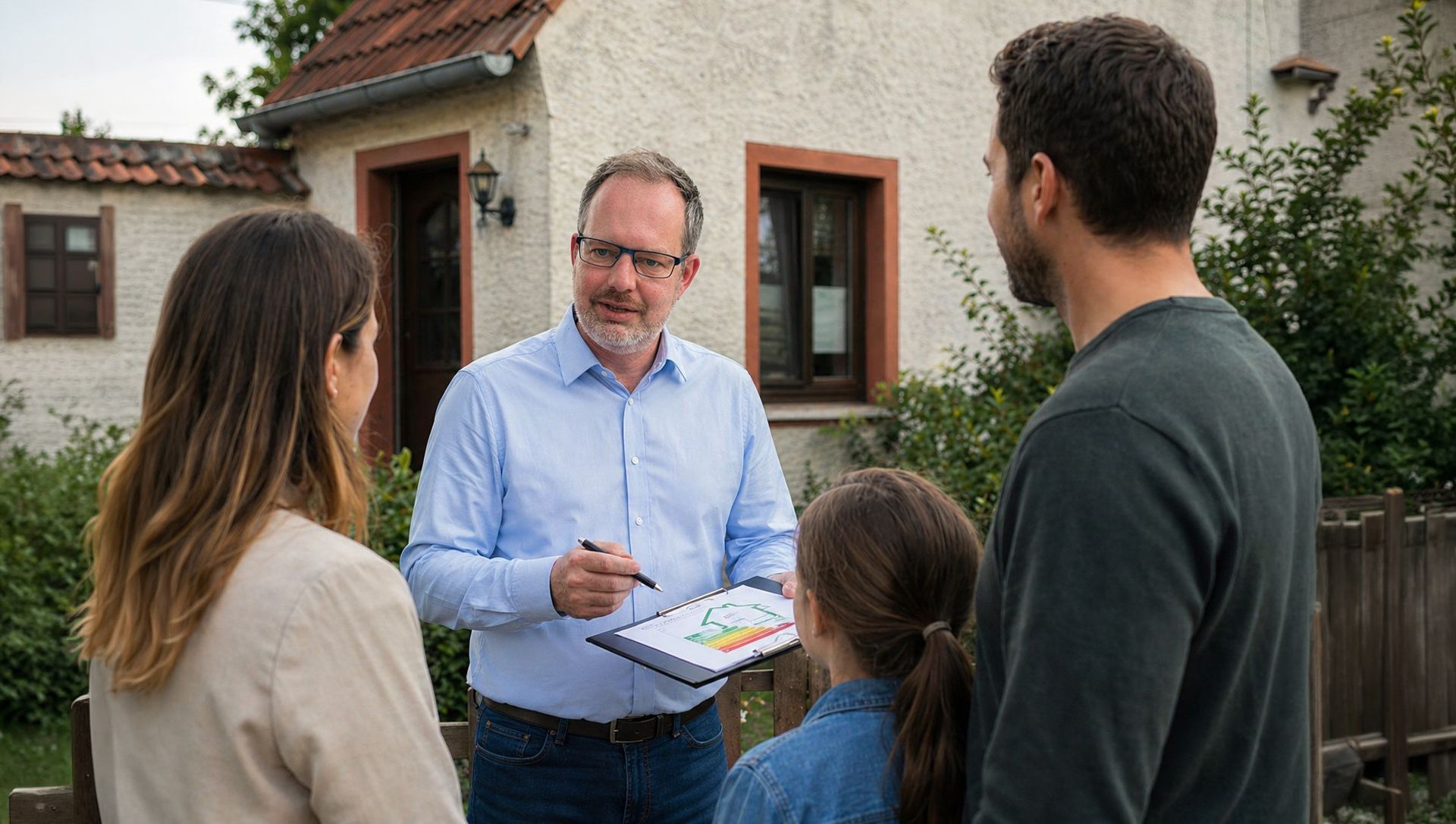 Berater zeigt Familie einen Plan auf einem Tablet vor einem Haus